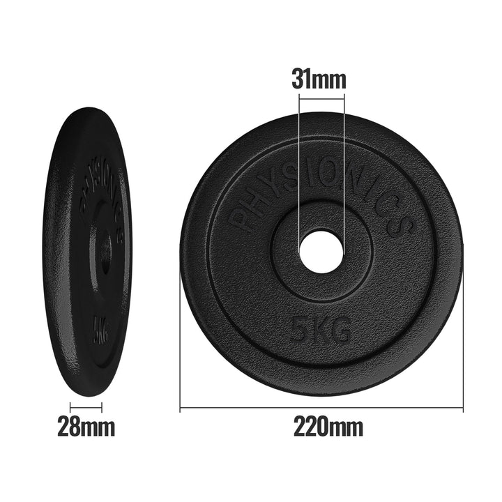 Vægtskiversæt - 6 x 5 kg, lavet af støbejern, 30 mm hul, til vægtstang og håndvægt