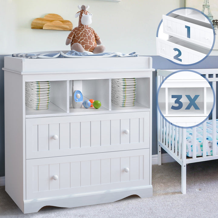 Puslebord med 2 store skuffer og 3 rum, 50x94x88 cm, hvid