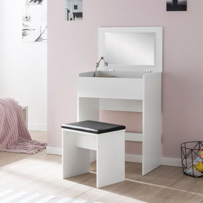 Omklædningsbord med hvidt spejl og skammel - Lammeuld.dk
