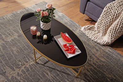Ovalt sofabord i sort glas med guld - 110 x 56 cm - Lammeuld.dk