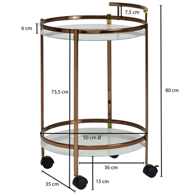 Serveringsvogn med runde bordplader i glas og guldkant - tegning indeholder mål
