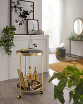 Rundt sidebord med hjul, glasplade, guldben, 45 cm - Lammeuld.dk
