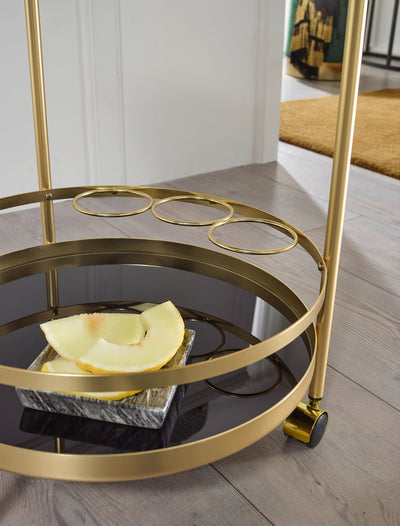 Rundt sidebord med hjul, glasplade, guldben, 45 cm - Lammeuld.dk