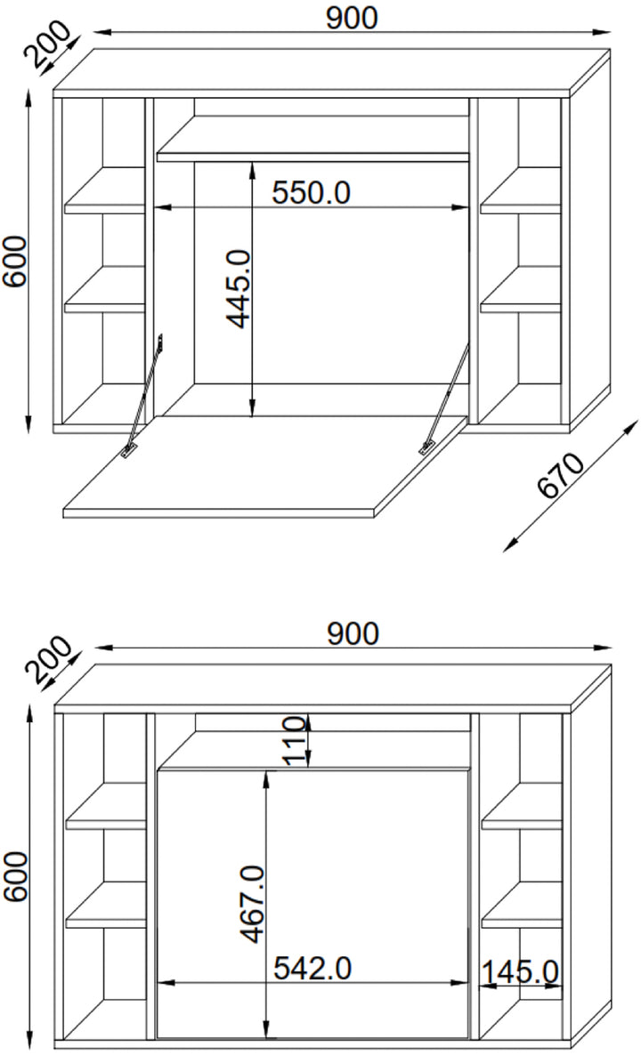 Foldbart skrivebord til væggen, 90 x 60 x 20 cm, hvid