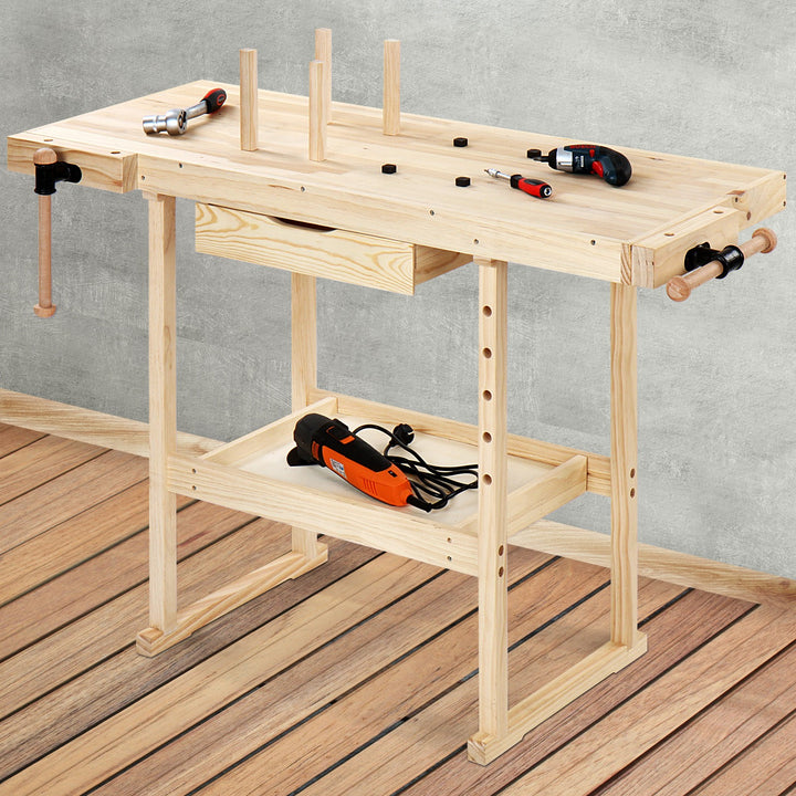 Høvlebænk - 127x58x83 cm, spændepatron, skruestik og skuffe, max 200 kg