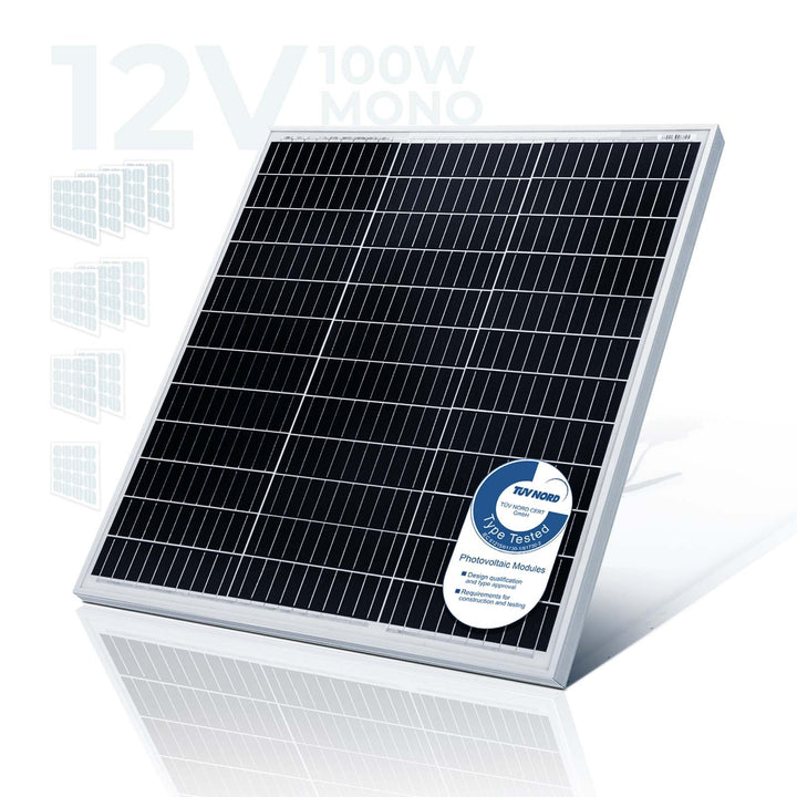 Solpanel monokrystallinsk - 100 W, 18 V til 12 V batterier, solcelle, ladekabel, silicium