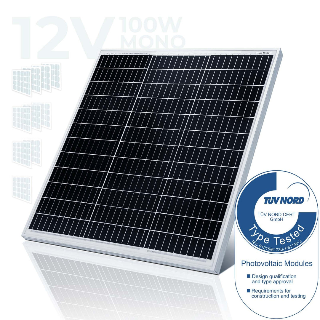 Solpanel monokrystallinsk - 100 W, 18 V til 12 V batterier, solcelle, ladekabel, silicium