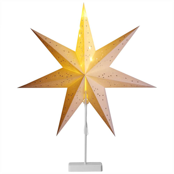 Led Paper Star Cream med stativ - paljetter