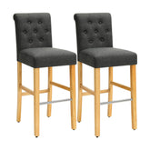 Sæt med 2 x barstole / køkkenstole, ben af massivt træ, fodstøtte af metal, polstret sæde i stof, grå