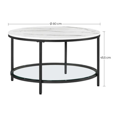 Sofabord i cirkulær form, bordplade i  glas, marmor-effekt, hvid