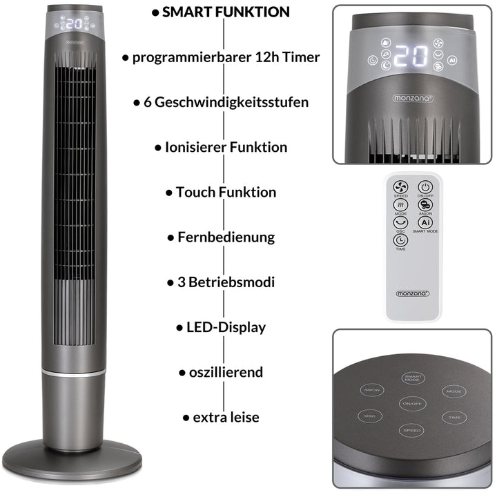 Tower Fan Gray 120 cm inkl. Fjernbetjening