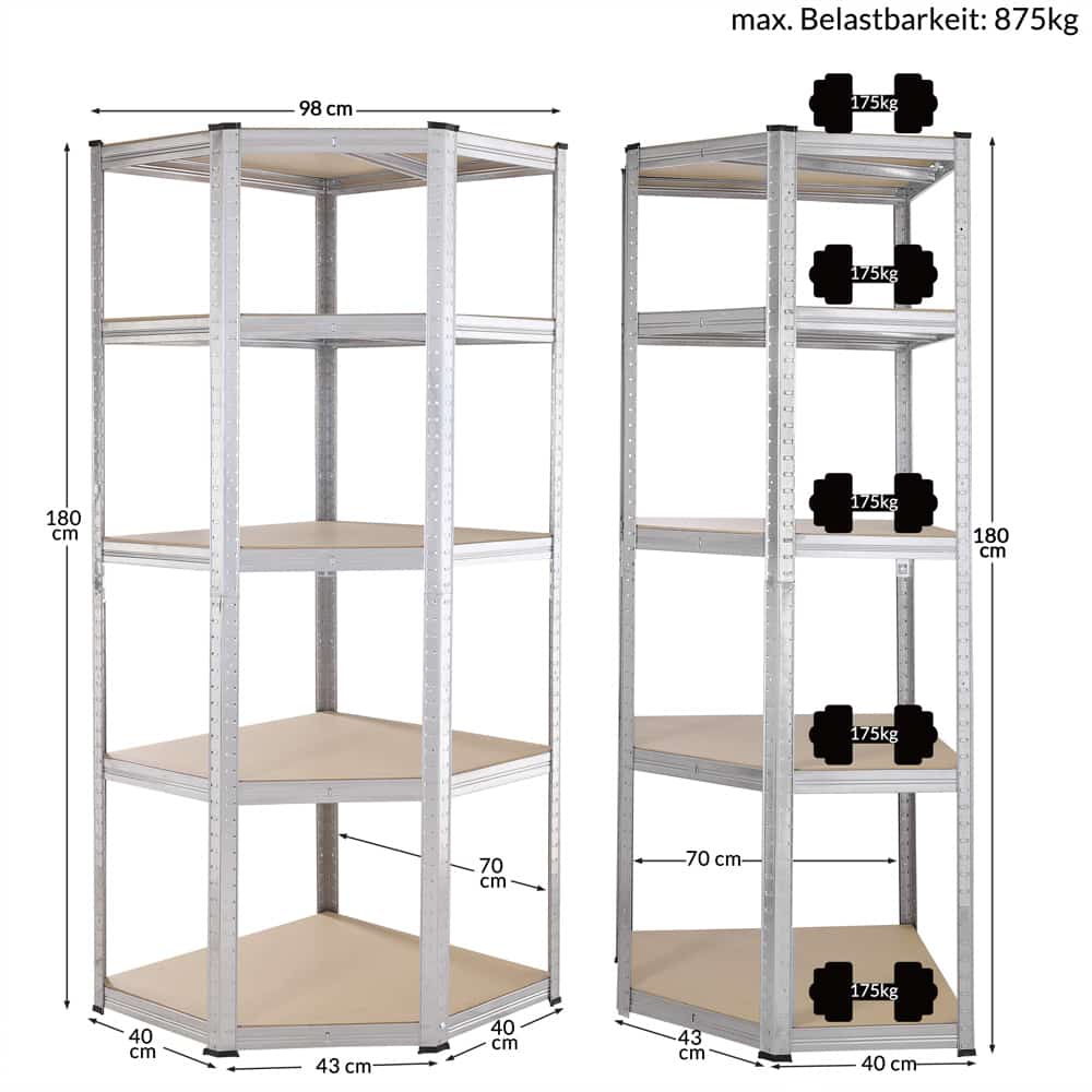 Heavy Duty Corner Shelf 180x70x40cm galvaniseret 875 kg