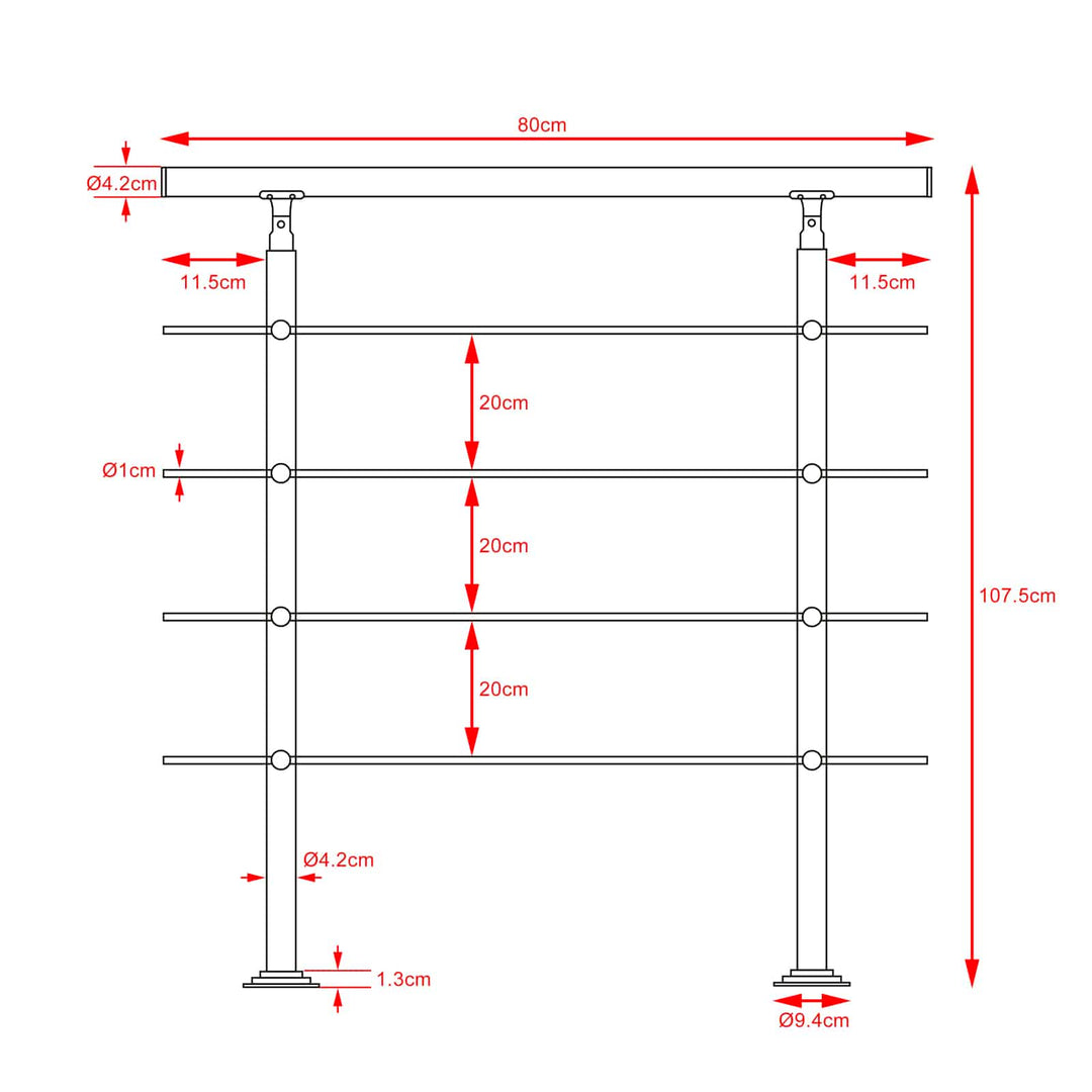 Banister rustfrit stål 80 cm 4 tværstykker