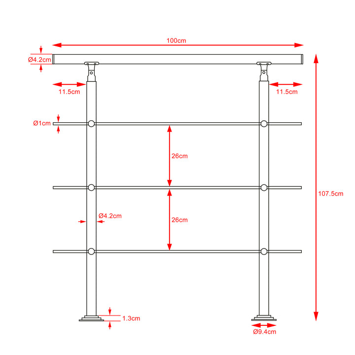 Banister rustfrit stål 3.3ft 3 tværstykker