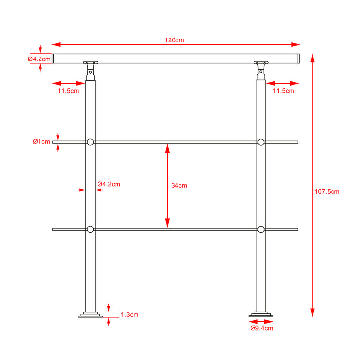 Banister rustfrit stål 1,2 m 2 tværstykker