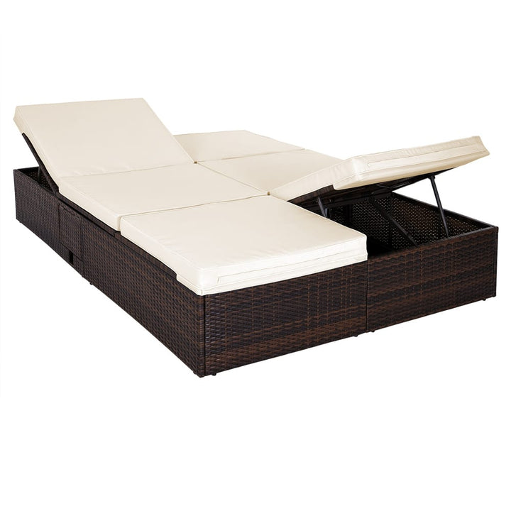 Rattan Double Sun Lounger Brown/Cream 196x160x33cm Justerbar