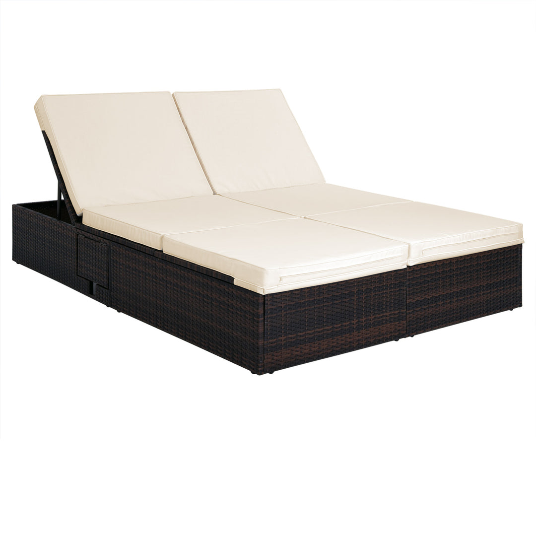 Rattan Double Sun Lounger Brown/Cream 196x160x33cm Justerbar