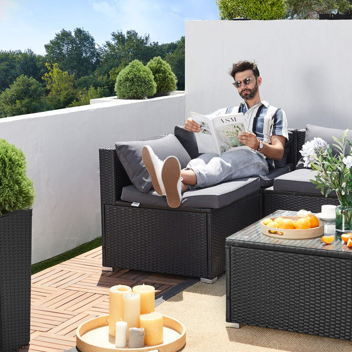 Polyrattan Ecklounge XXL Schwarz/Anthrazit Inkl. Kissen