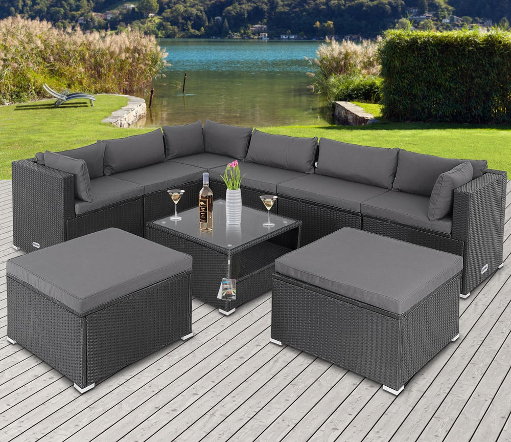 Polyrattan Ecklounge XXL Schwarz/Anthrazit Inkl. Kissen