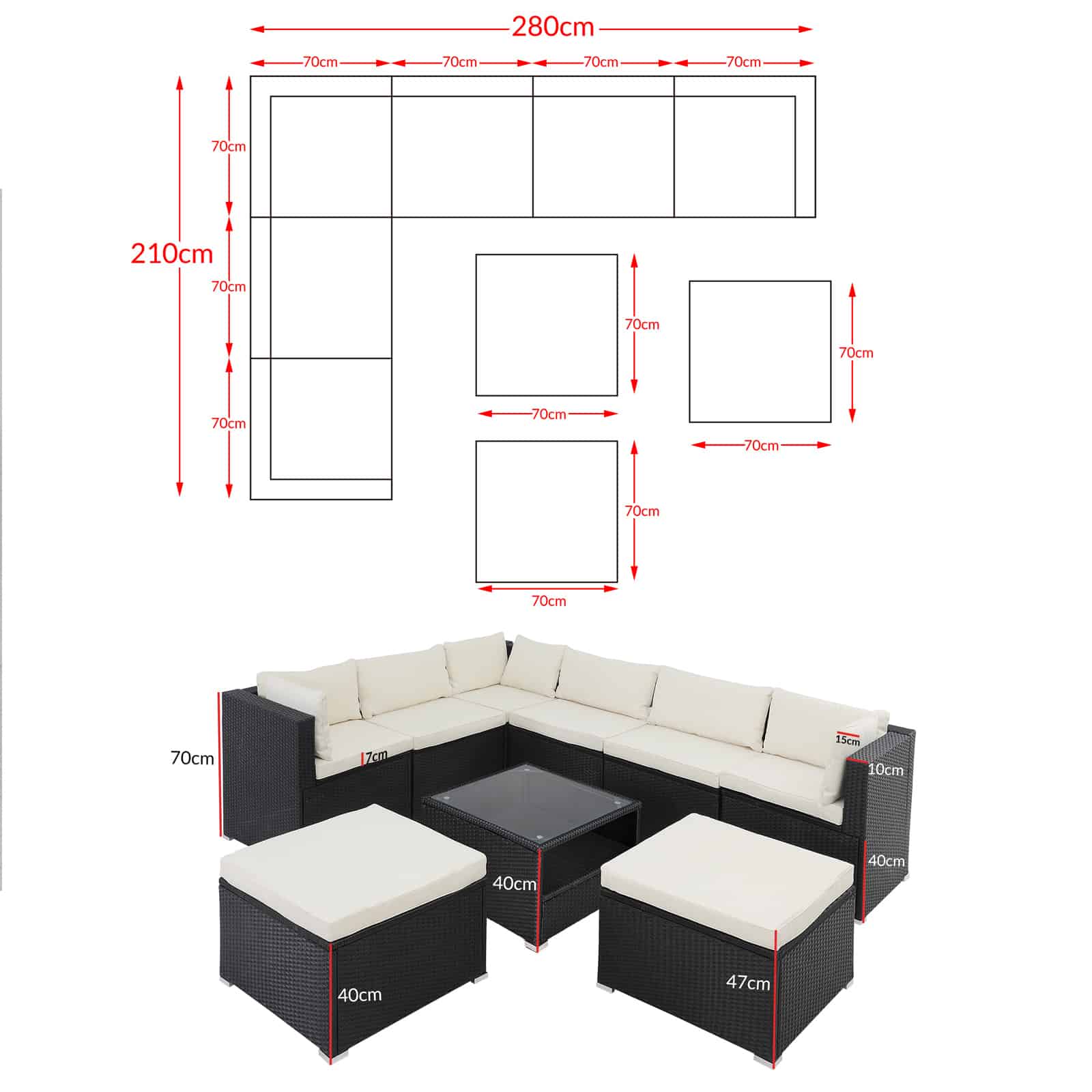 Polyrattan Ecklounge XXL Schwarz/Creme Inkl. Kissen