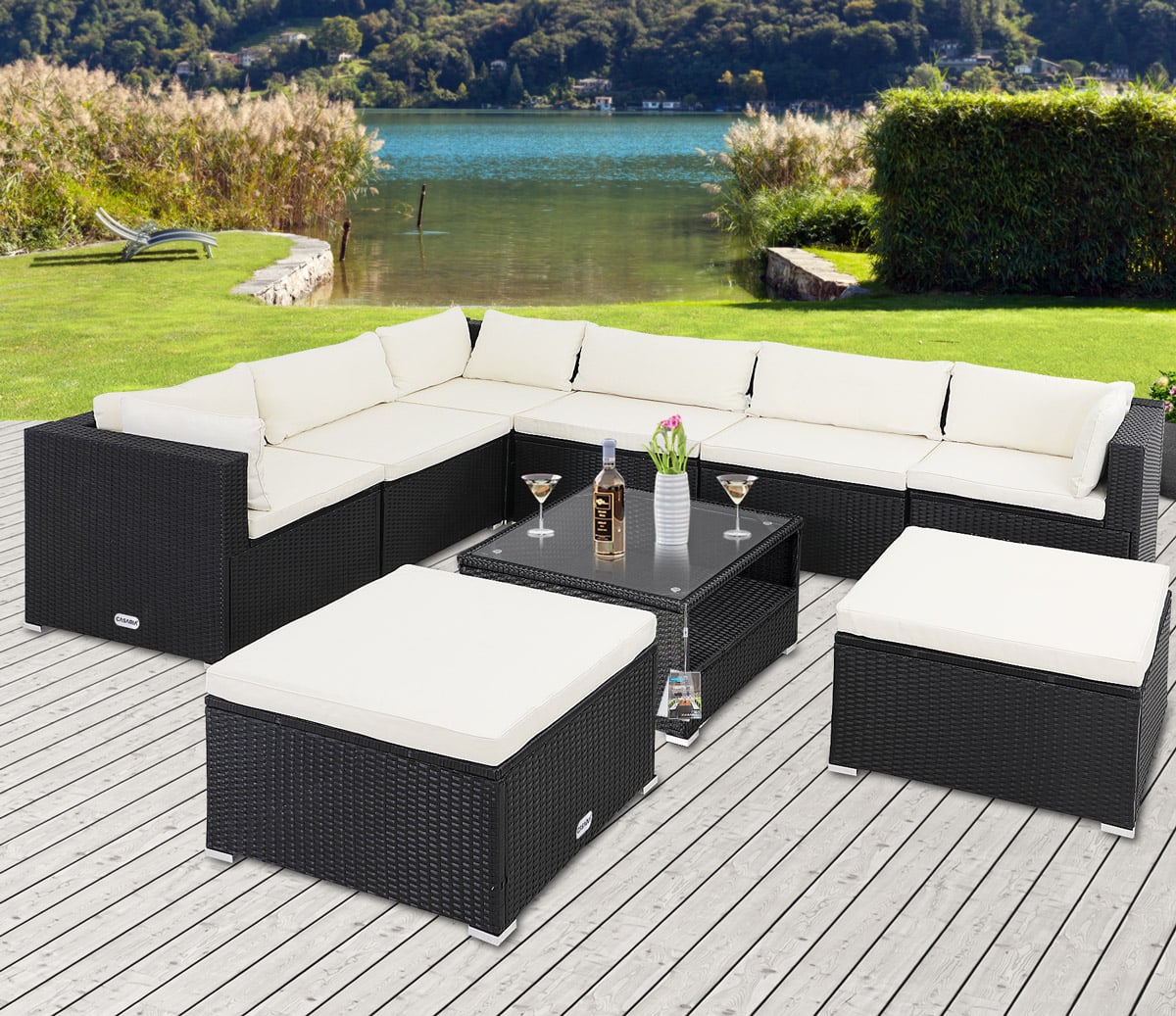 Polyrattan Ecklounge XXL Schwarz/Creme Inkl. Kissen