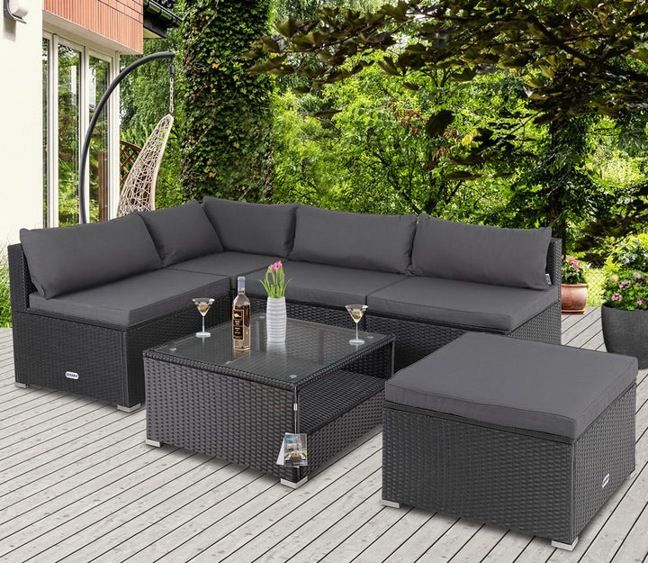 Polyrattan Ecklounge Schwarz/Anthrazit Dicke Rückenpolster