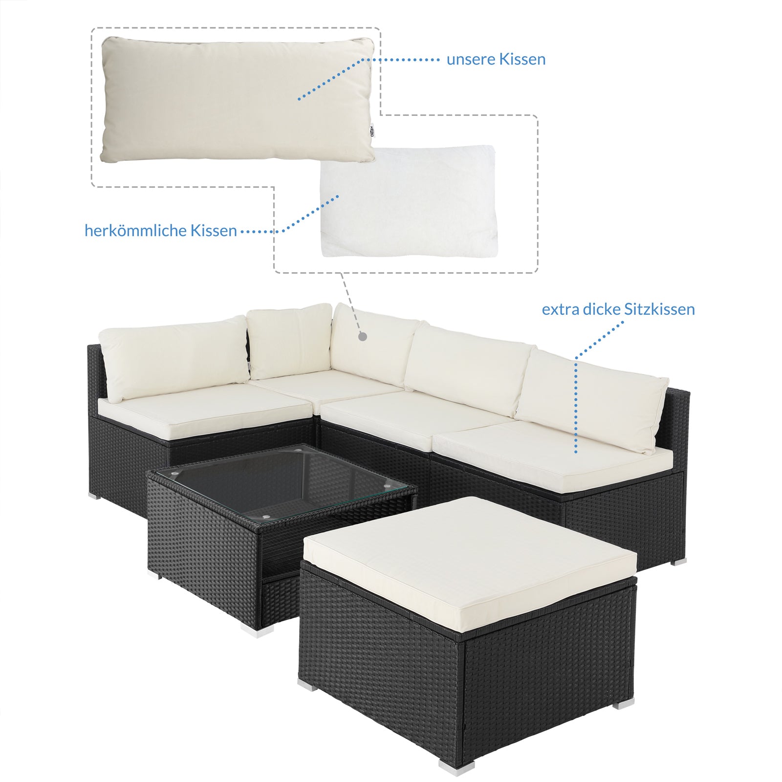 Polyrattan Ecklounge Schwarz/Creme Dicke Rückenpolster