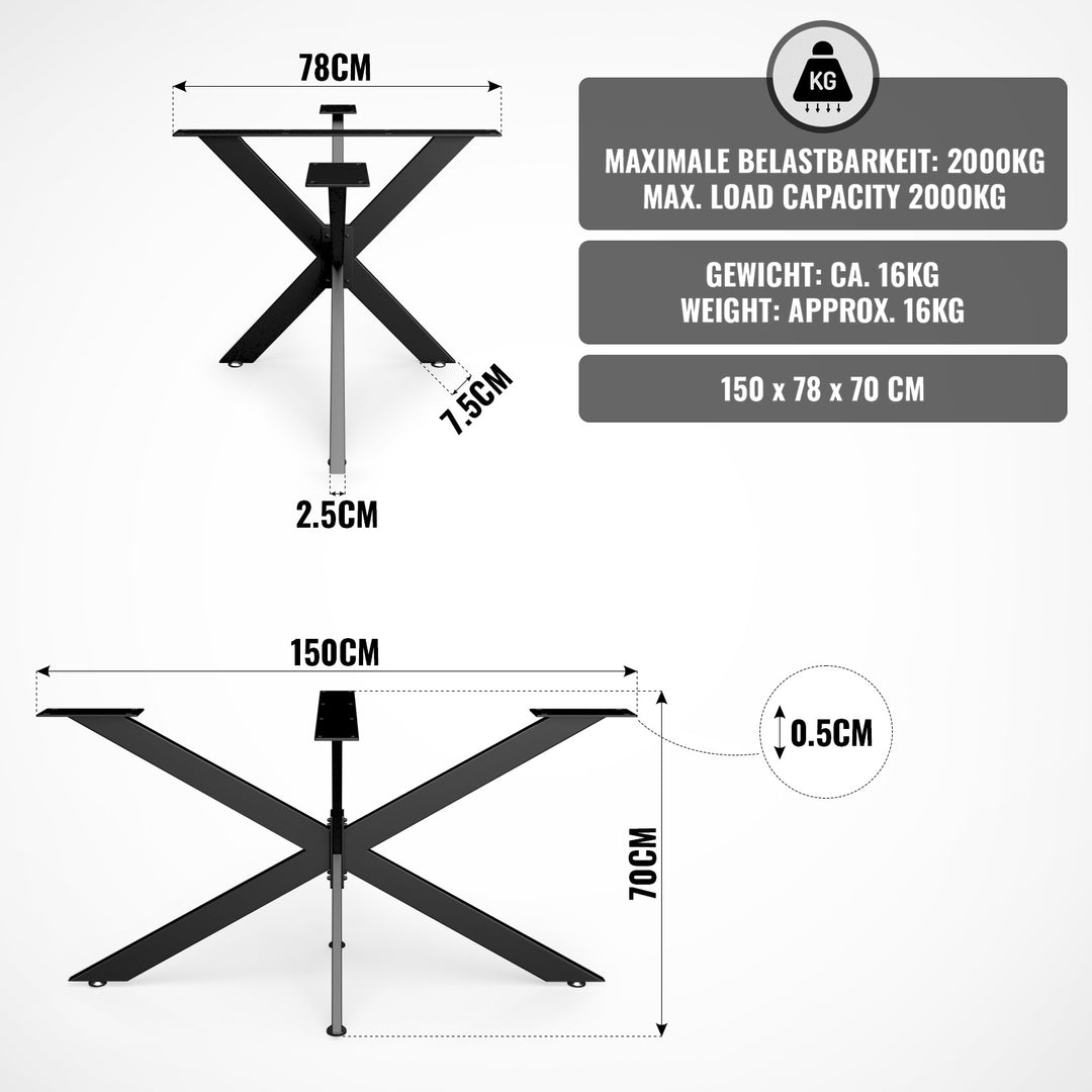 Krydsstel bordben, sort, 150 cm, fremstillet af stål, industrielt, til stuebord, kraftigt, stabilt, solidt