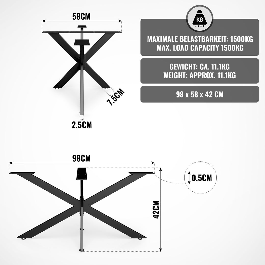 Krydsstel bordben, sort, 98 cm, fremstillet af stål, industrielt, til spisebord, solidt bordstel