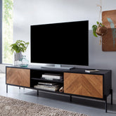Stilfuldt TV-bord i massivt sheesham-træ med to døre og et rum til din soundbar, 163x45x40 cm