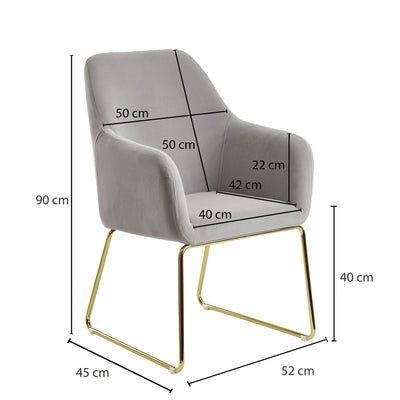 Spisebordsstol i fløjl, lysegrå køkkenstol med gyldne ben