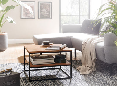 Sofabord i massivt træ og metal, industrielt look, 60x60x41 cm, naturfarvet