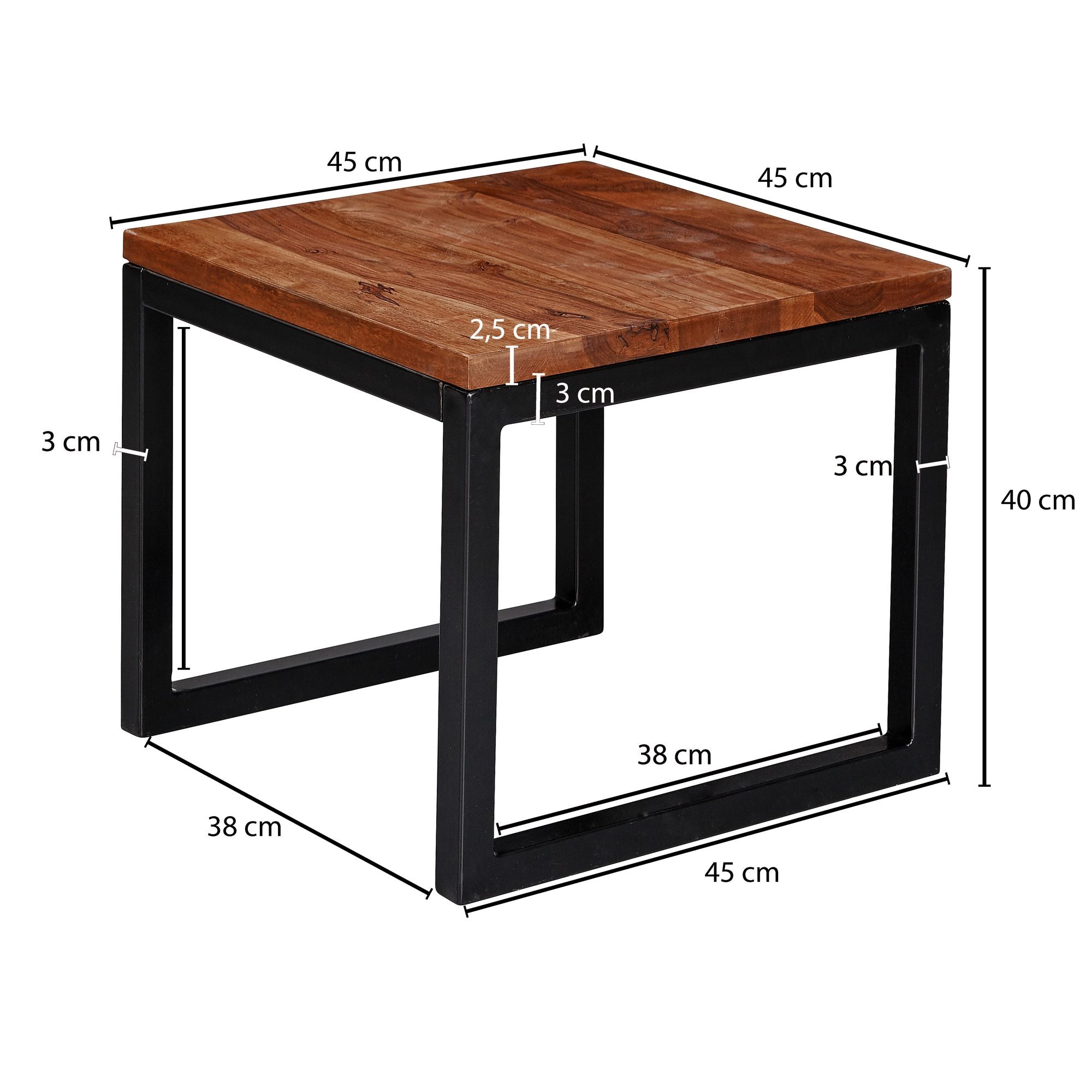 Håndlavet sidebord / sofabord i industrielt look, massivt træ, 45x40x45 cm, brun