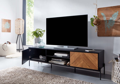 Stilfuldt TV-bord i massivt sheesham-træ med to døre og et rum til din soundbar, 163x45x40 cm