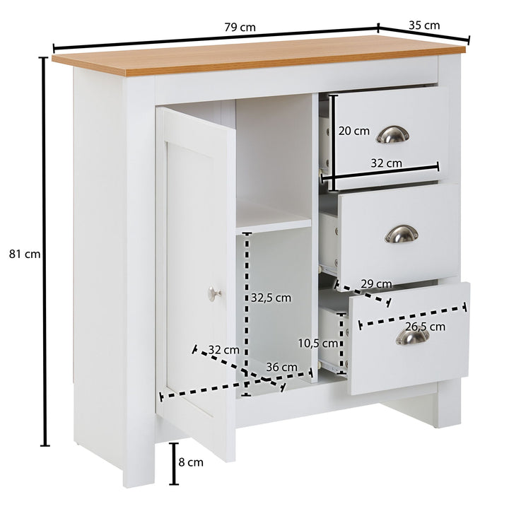 Stilfuldt og funktionelt sidebord med 3 skuffer, 79x81x35 cm, hvid