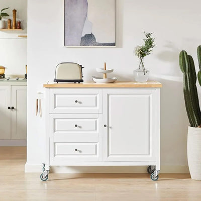 Køkkenvogn / køkkenø med hjul i skandinavisk stil, hvid og naturfarvet, 120x45x92 cm