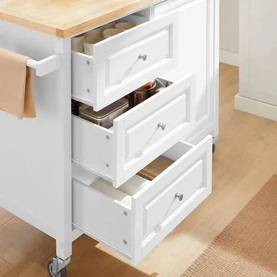 Køkkenvogn / køkkenø med hjul i skandinavisk stil, hvid og naturfarvet, 120x45x92 cm