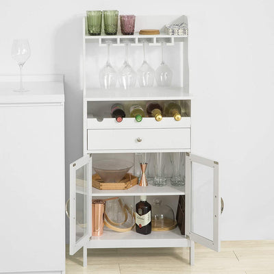 Skænk / køkkenskab med vinreol og ophæng af vinglas, hvid