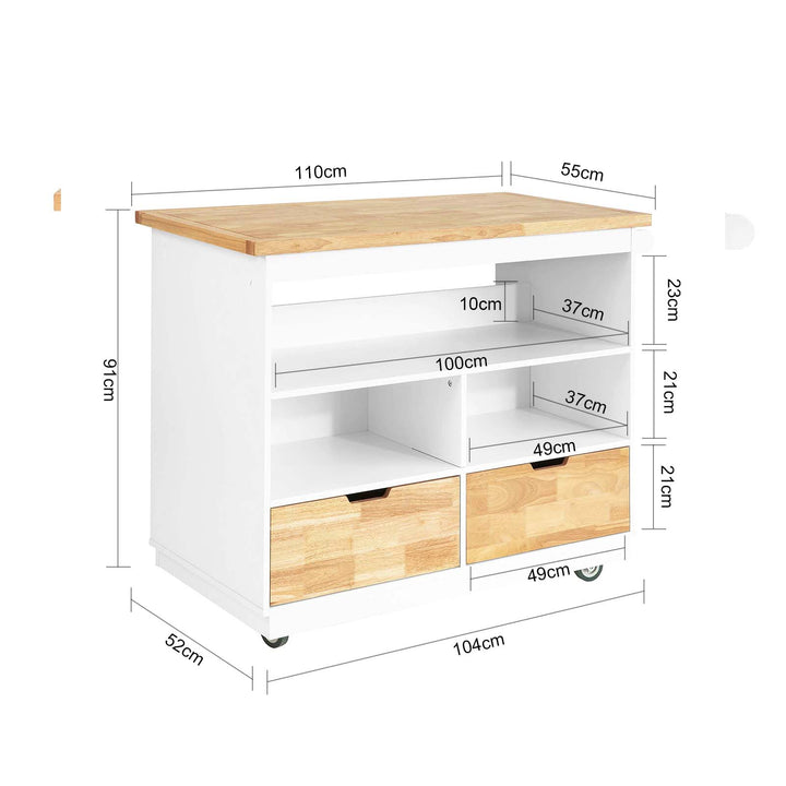 Køkkenø på hjul, hvid/naturfarvet, 110x91x55 cm, med skuffer til opbevaring