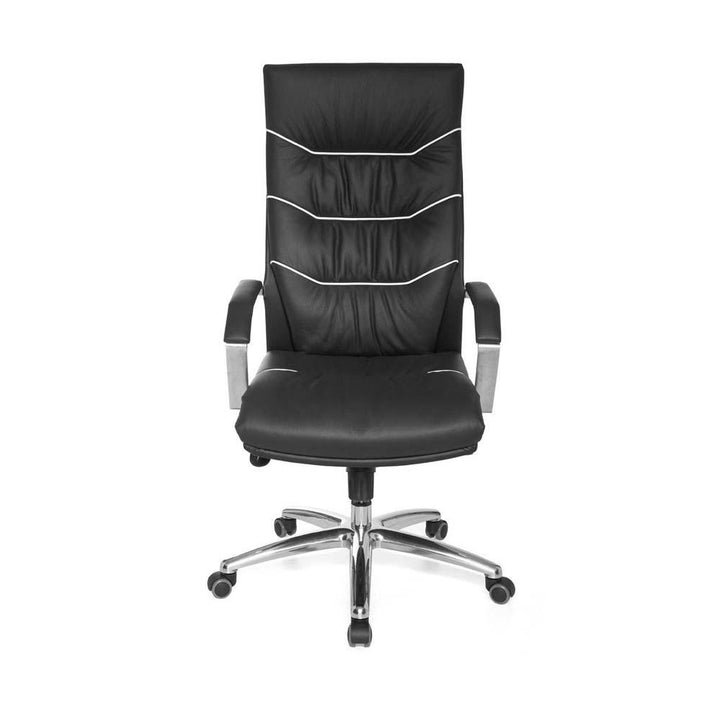 Designer kontorstol i ægte læder, hvide detajler, sort