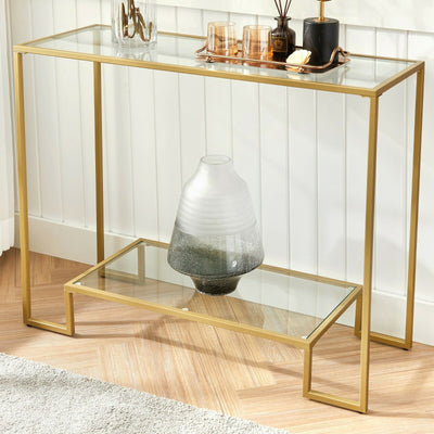 Konsolbord i glas med guldfarvet ramme, art deco-look