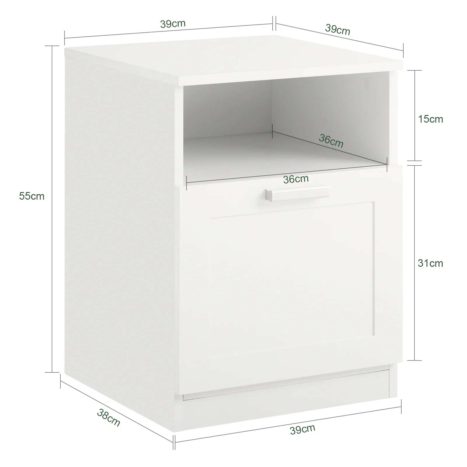 Enkelt sidebord / natbord / sengebord i skandinavisk design, 39 x 39 x 55 cm, hvid