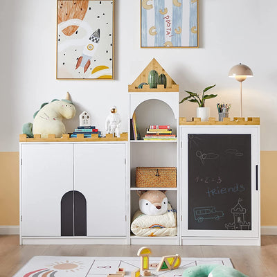 Børneskab med tavle, designet som slot, 63x30x100 cm, hvid