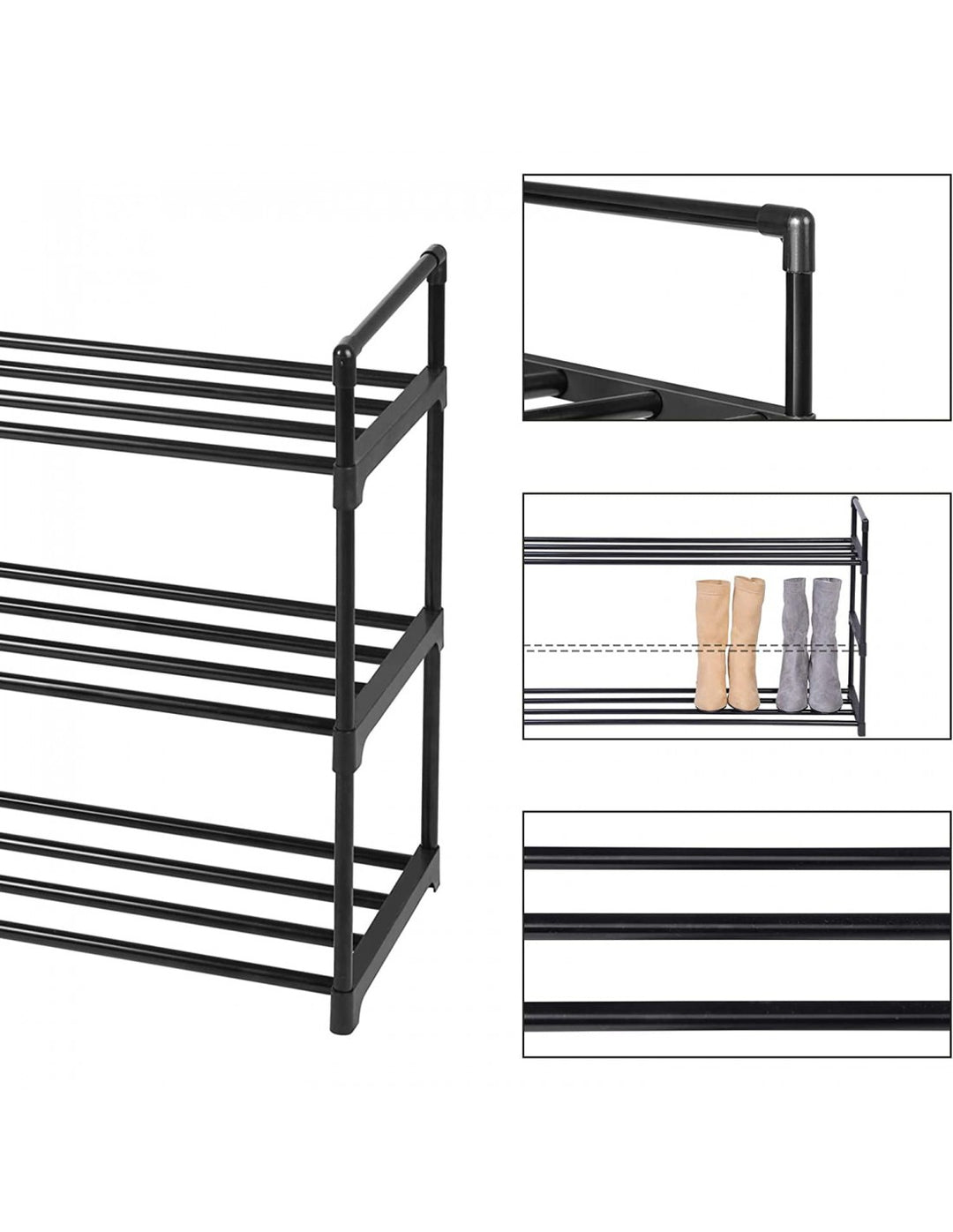 Skostativ med 3 hylder til entre eller garderobe, sort