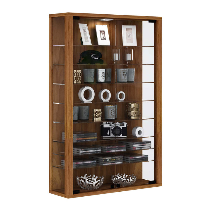 Vægvitrineskab med 8 hylder, brun
